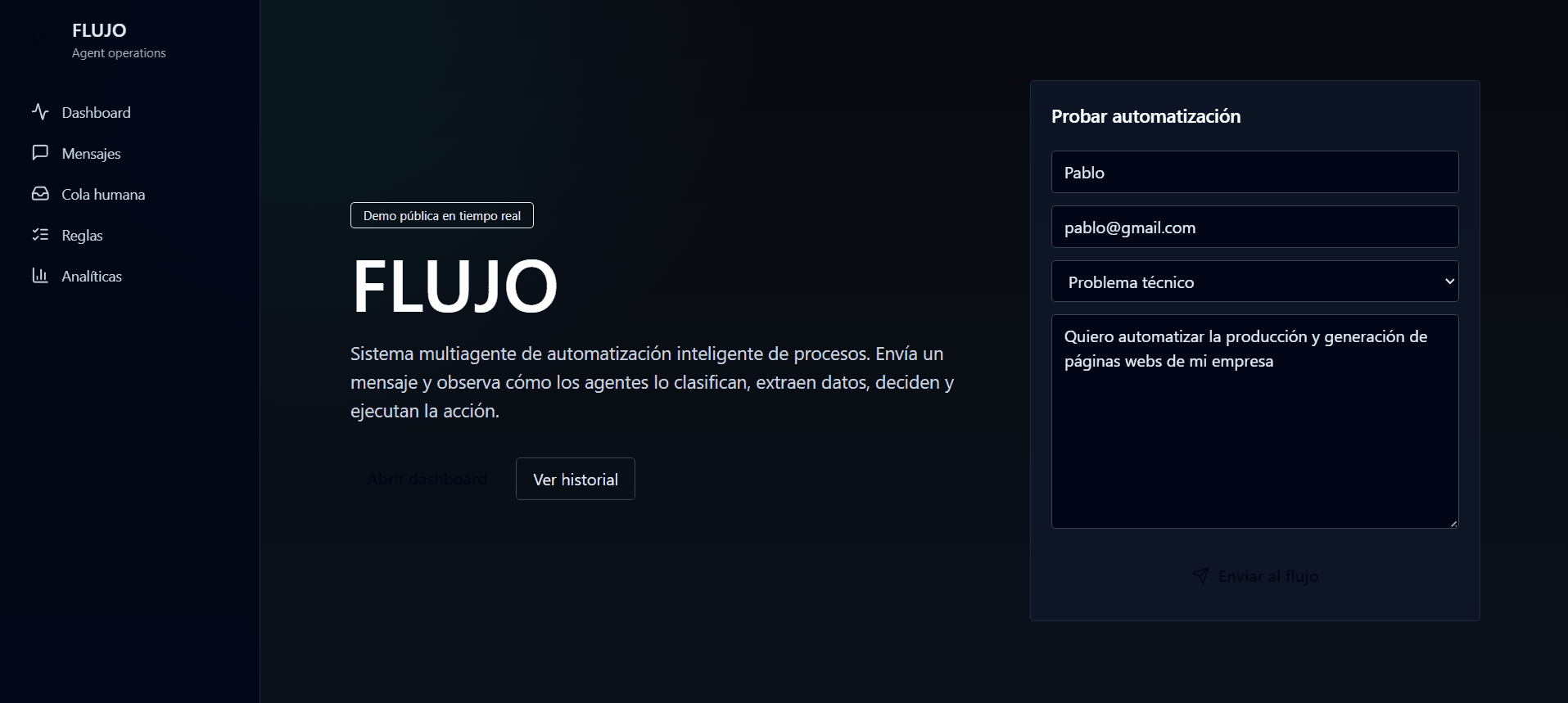 Vista de FLUJO, sistema multiagente de automatización