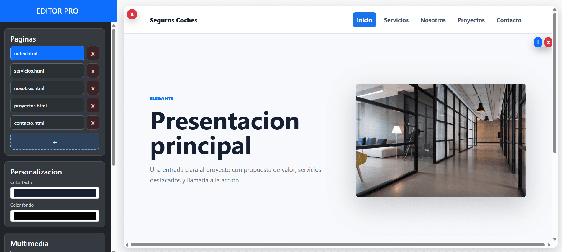 Editor visual del Mini CMS con IA